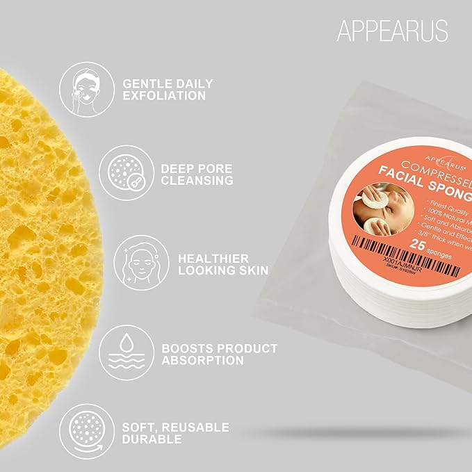 Appearus Natural Cellulose Facial Sponges – 25 Pack (Compressed) – Professional Spa Facial Sponge Pads for Cleansing, Exfoliating, Makeup Removal – White – Gentle on Sensitive Skin