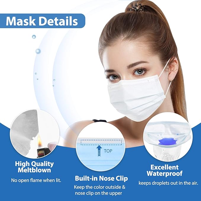 [Upgraded 2023] Disposable Face Masks White 50pcs, 3 Layer White Masks for Men Women Adult-Large
