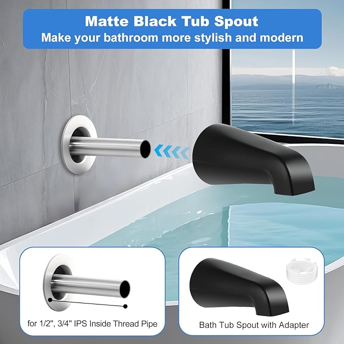 Universal Bath Tub Spout with Adapter, Bathtub Faucet Spout Without Diverter, 5" Length Bathtub Spout for 1/2'', 3/4'' IPS Inside Thread Connection and Tub/Shower Faucet (Matte Black)