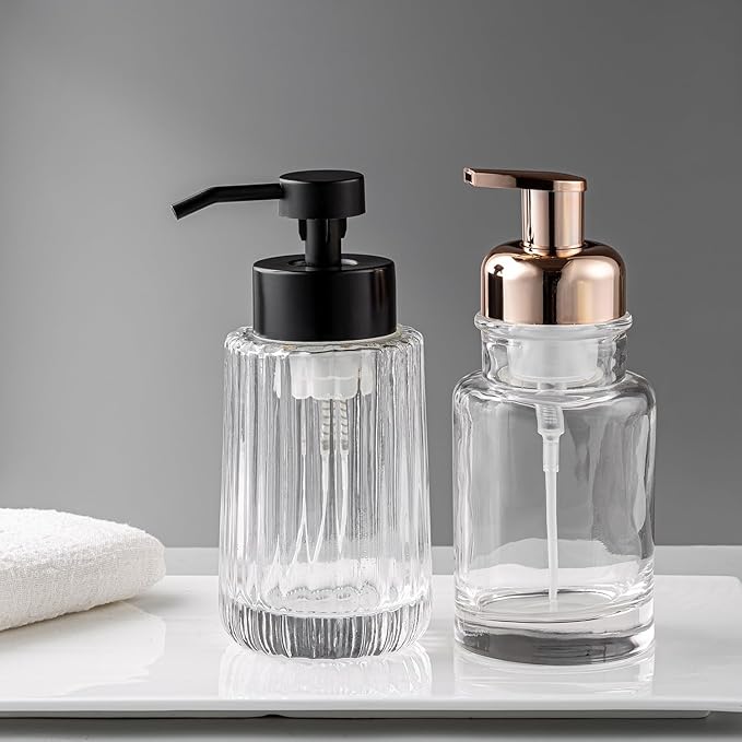 Easy Tang Glass Foaming Soap Dispenser with Black Pump, 12 OZ Vintage-Inspired Modern Glass Refillable Bottle, Hand Soap for Bathroom Countertop and Kitchen