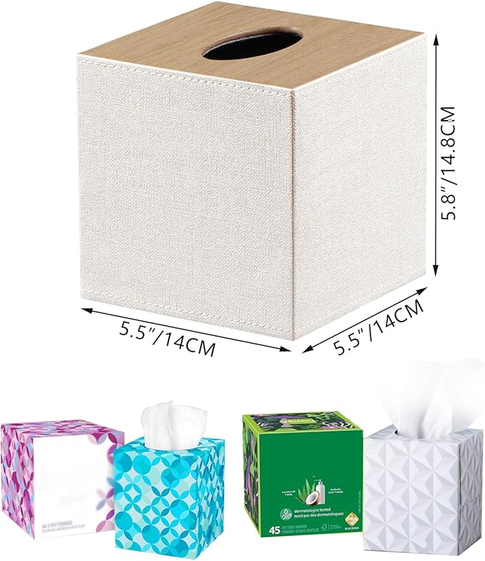 PU Leather Tissue Box Cover Square,Upgrade 99% Compatible Large Size,Cube Tissue Box Holder for Napkin Facial Paper,Dryer Sheet Dispenser Organizer for Bathroom Vanity Countertop Night Stand,Beige
