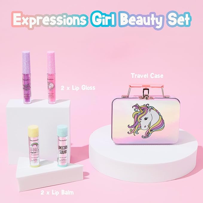 EXPRESSIONS 5pc Cosmetics Lip Kit For Kids w/Lip Glosses, Lip Balms & Tin Box Storage Case,I Believe in Unicorns Hologrpahic,Washable + Non Toxic