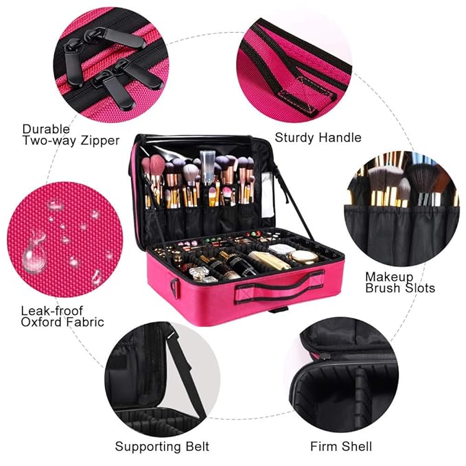 gzcz Travel Makeup Bag,Professional Cosmetic Bags for Women,Portable Makeup Brush Case Organizer Storage with Adjustable Dividers and Shoulder Strap (Medium)