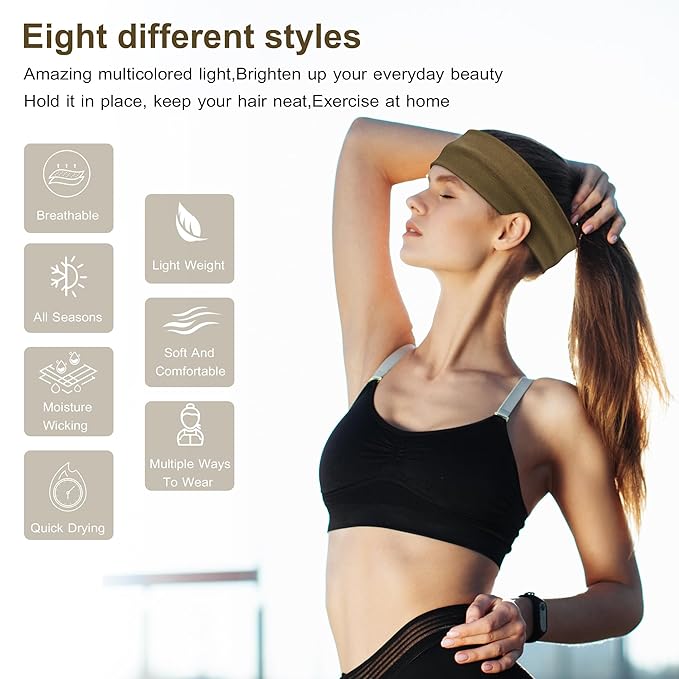 Headbands for Women, 8pcs Stretchy Non Slip Soft Cotton Cloth Hair Bands for Sports, Workout, Yoga and Running