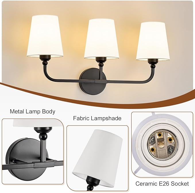 Bathroom Vanity Light, Matte Black Bathroom Light Fixtures, 3-Light Lighting Fixtures Over Mirror, Modern Wall Sconce with Flared White Fabric Shade, E26 Socket(ETL Listed)
