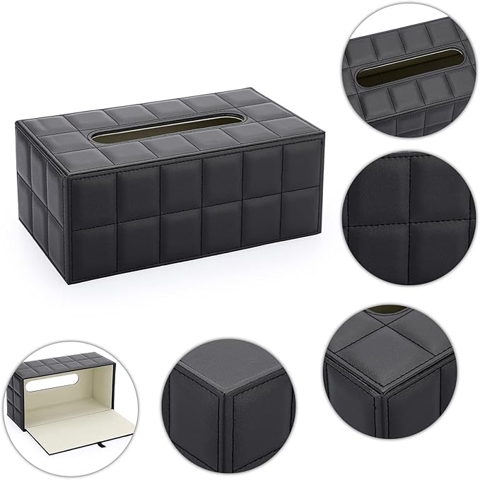 Sumnacon Rectangular Leather Tissue Box Cover - Stylish Tissue Box Holder with Magnetic Bottom, Decorative PU Tissue Box for Vanity Dresser Night Stand Table Countertop Home Office Car,Grid Black