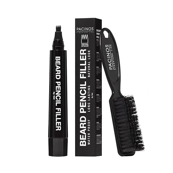 Pacinos Beard Pencil Filler - Water Proof, Long Lasting Coverage & Natural Finish - Beard, Moustache & Eyebrows - Micro-Fork Tip for Seamless Application - Includes Bristle Brush for Blending (Black)