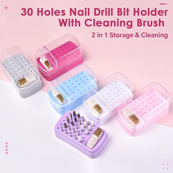 2 in 1 Nail Drill Bit Holder & Nail Drill Bit Cleaner Brush Case 30 Holes Dustproof Nail Drill Bit Display Stand Organizer Box Manicure Drill Bits Cleaning Brush Bits Storage Tool, Rose Red