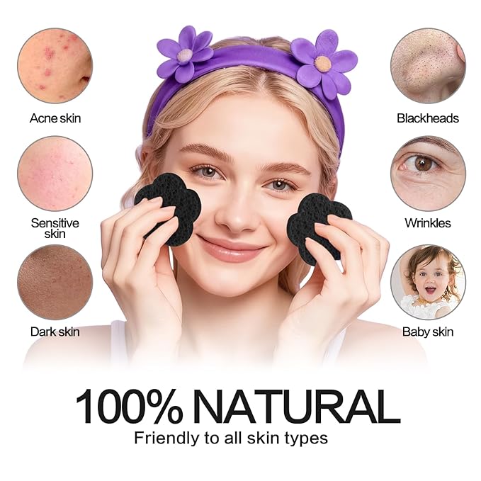 100-Count Facial Sponges Compressed Facial Sponges Natural Facial Cleansing Sponges Pads Cute Flower Shape Exfoliating Sponges for Cleansing Reusable,Best Makeup Gift, Black
