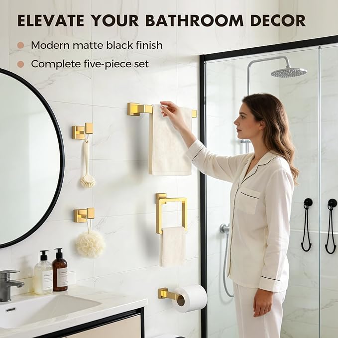 Bathroom Accessory Towel Bar Set: 10 Pieces Gold Bathroom Hardware Square SUS304 Stainless Steel - Wall Mounted Towel Rack&Toilet Paper Holder&Towel Ring and Towel Hook