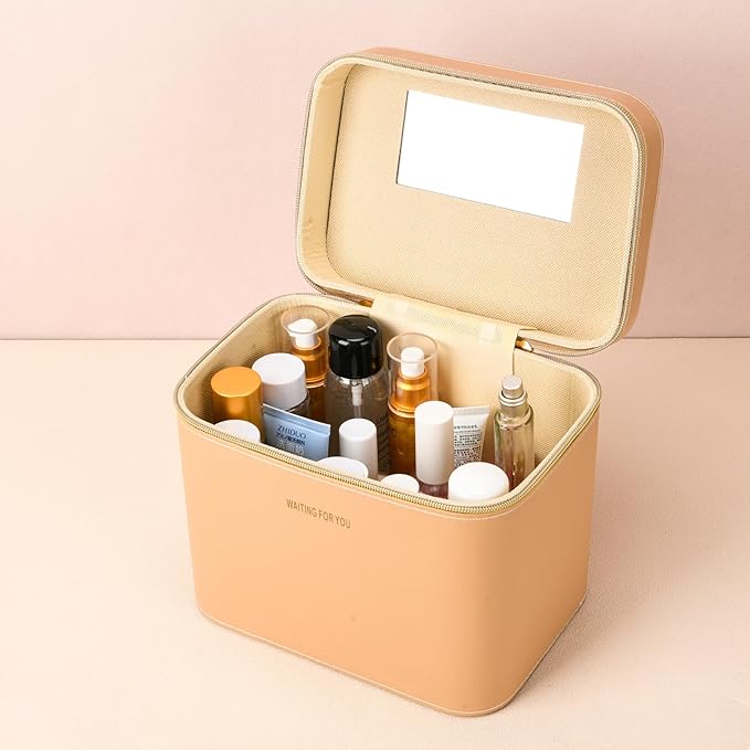 Luxury Hard brown makeup box, Portable leather hard cosmetic case with mirror, Sturdy train case make up box for women adults. (Monolayer - Brown)