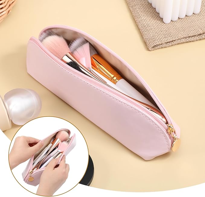 Prasacco Leather Makeup Brush Bag With Zipper, Portable Travel Cosmetic Organizer Case, Compact Toiletry Pouch For Daily Work Essentials