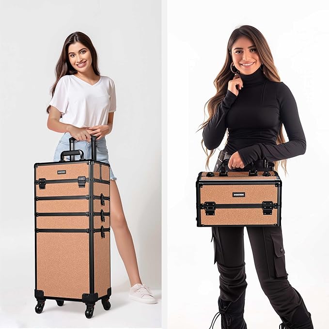 BYOOTIQUE Cosmetology Rolling Case 3-Piece Nail Tech Storage Cart Kit Makeup Torrley Travel Barber Suitcase False Eyelash Storage for Beauty Studio Nail Salon Manicurist,Rococo Coral