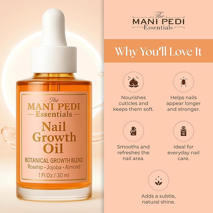 Natural Nail Growth Oil. Powerful Blend of Rosehip, Jojoba & Amond Oils. Promotes Stronger, Healthier Nails. Hydrates & Strengthens Cuticles for Faster Nail Growth - 1 Fl Oz