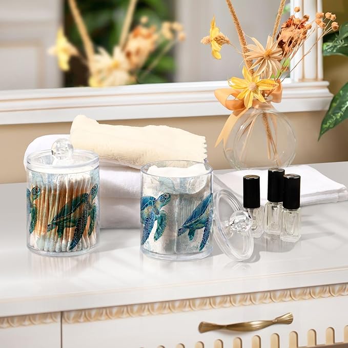 2 Pack Sea Turtle Pattern Apothecary Jars with Lid, 10 Oz Clear Plastic Apothecary Jar Set Qtip Holder Storage Containers for Cotton Ball Swabs Bathroom Vanity