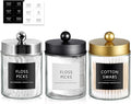 SheeChung 3-Pack Glass Apothecary Jars (Mix Colors) - Black, Gold, Brushed Nickel Stainless Steel Qtip Holder Set - Modern Bathroom Vanity Organizer for Cotton Swabs, Balls, Pads - Multi-Color Decor