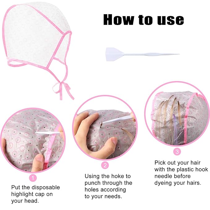 6 Pieces Highlighting Cap Hair Frosting Cap Highlight for Dye Color with Plastic Hooks Hair Coloring Salon Hairdressing Tool Kit Supplies(Pink)