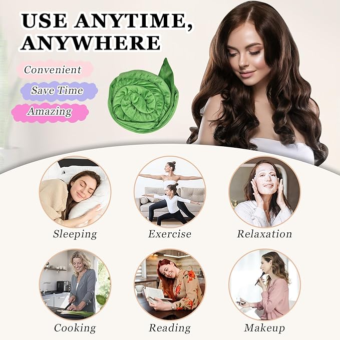Heatless Curls Overnight Hair Curlers to Sleep In, 9 PCS Velvet Heatless Hair Curler Overnight Curls for Women Long medium Hair Volumes, Heatless Curling Waves Set with Sleep Bonnet - Green