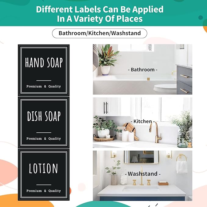 Segbeauty Kitchen Organization Labels, 18pcs Black Removable Waterproof Labels for Containers, Reusable Hand Soap Dispenser Sticker for Farmhouse Modern Home Cleaning Plastic Glass Bottles