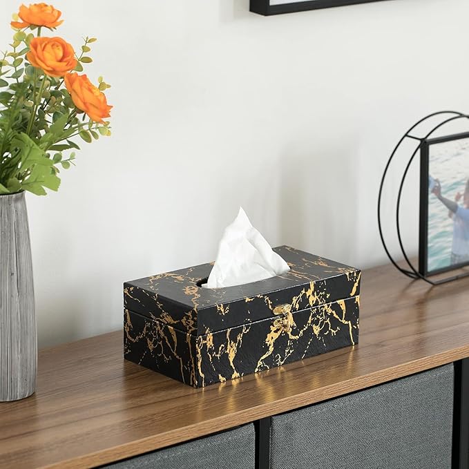 Black and Gold Marble Tissue Box Cover, Modern Tissue Box Holder with Lock for Bathroom, Bedroom, and Living Room, Rectangle Shape Dryer Sheet Holder Organizer