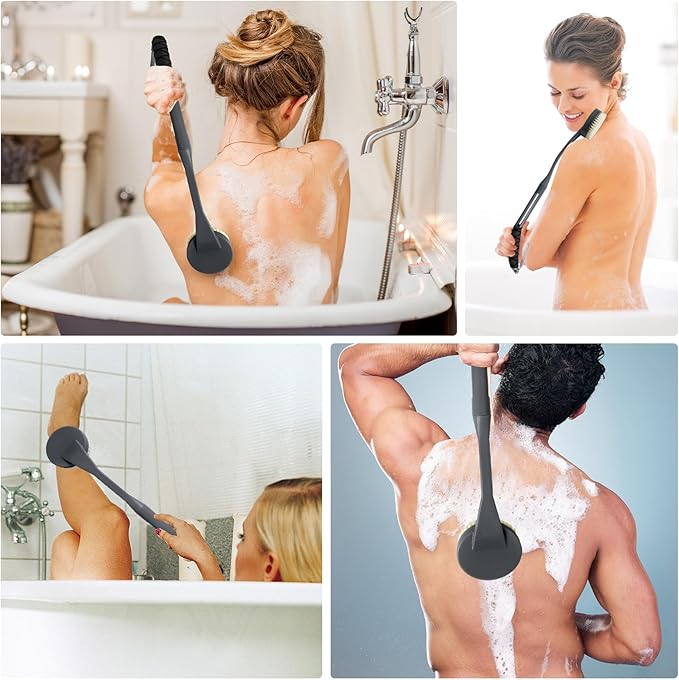 Back Scrubber for Shower, 20.5" Anti Slip Long Handle Bath Brush, Back Brush with Stiff and Soft Bristles Detachable Heads, Showering Exfoliator for Women, Men, Elderly
