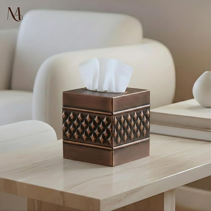 Monarch Abode Tissue Box Cover Square – Handcrafted Geo Embossed Antique Copper Finish Metal Tissue Holder Box for Bathroom Accessory, Aesthetic Decorative Facial Napkin Cube for Modern Home Décor