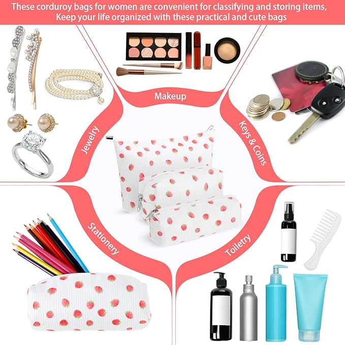 3 Pcs Makeup Bag Set for Women Corduroy Cosmetic Pouch Aesthetic Smile Travel Toiletry Bag Cute Purse Pouch Pencil Case Makeup Brushes Storage Organizer with Zipper(White,Strawberry)