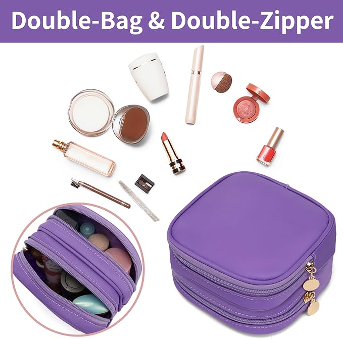 Small Makeup Pouch, Double Zipper Cosmetic Bag, Travel Makeup Bag, Cute Makeup Bag for Purse, Mini Toiletry Bag (Purple)