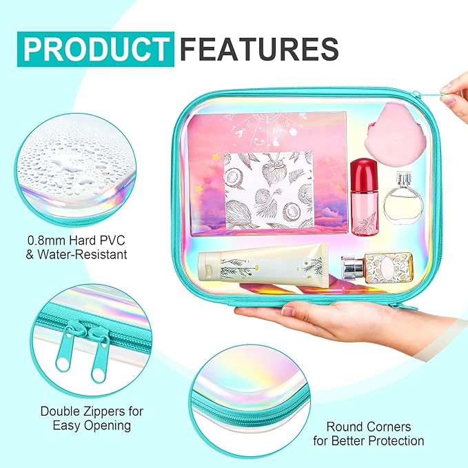 Hoolerry 4 Pcs Hard Clear Zipper Case Makeup Bags Plastic Zipper Pouch Transparent Storage Box Containers for Cosmetics, Snacks, Building Blocks, Puzzles(Clear,9.8 x 7.9 x 2 in,Blue Laser)