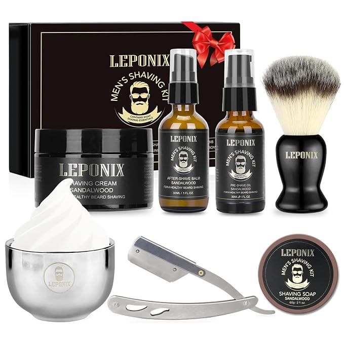 Mens Shaving Kit, Include Straight Razor, Sandalwood Shaving Soap & Cream, After Shave Balm, Pre-Shave Oil, Brush & Bowl – Christmas Gifts for Men Him Secret Santa Gift Set Stocking Stuffers