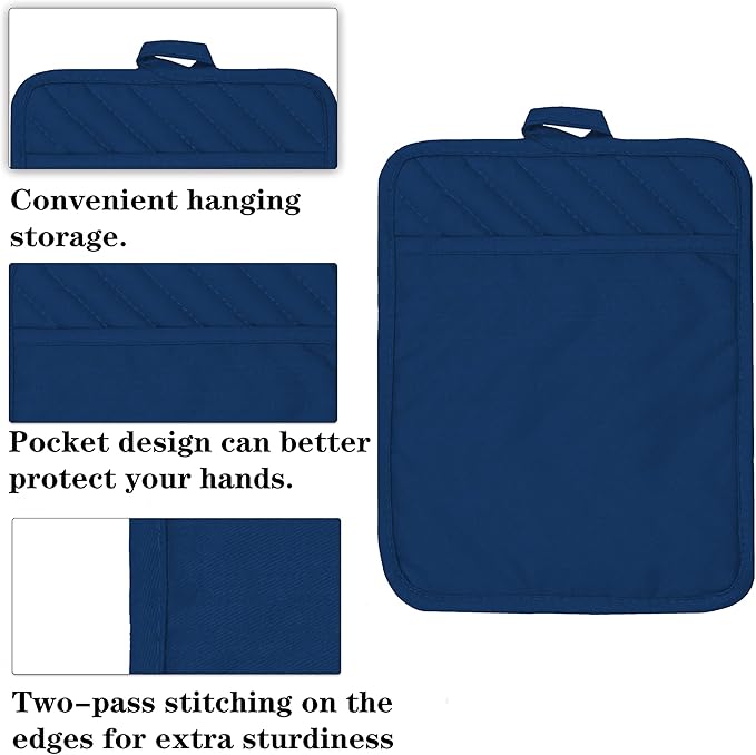 Cotton Pocket Pot Holders Machine Washable Heat Resistant Hot Pads for Kitchen Square Blue Oven Mitts 7"x9" Set of 3