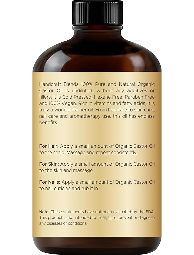 Handcraft Blends Cold-Pressed Organic Castor Oil 4 Fl Oz | Glass Bottle | Lash Brushes | 100% Pure and Natural | Premium Grade Carrier Oil | Hair, Eyelashes and Eyebrows | Hair and Body | Cold-Pressed, Organic, Glass Bottle, Lash Brushes, 100% Pure, Na...