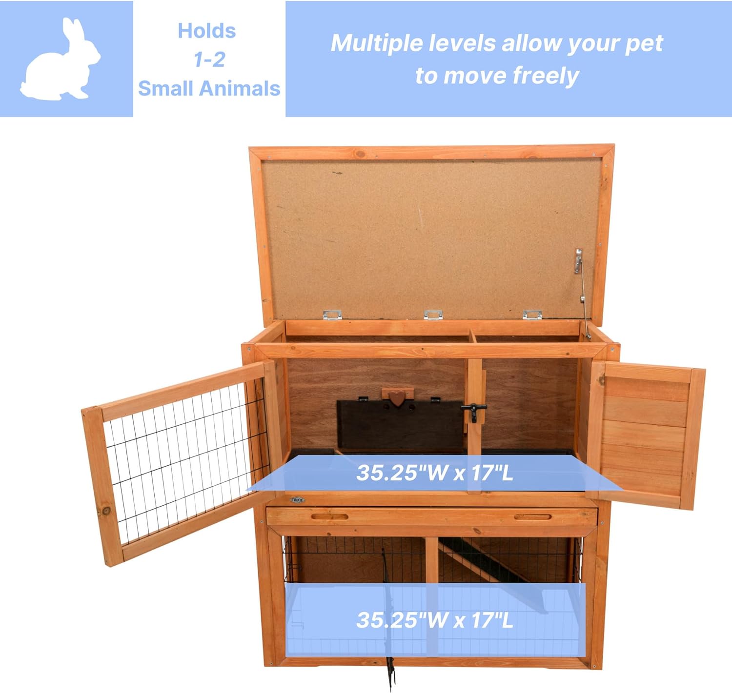TRIXIE natura Outdoor Rabbit Hutch with Run - 2-Story Rabbit Cage with Non-Slip Ramp - Medium Elevated Small Animal House with Secure Playpen, Hinged Roof & Pull-Out Tray - in Brown