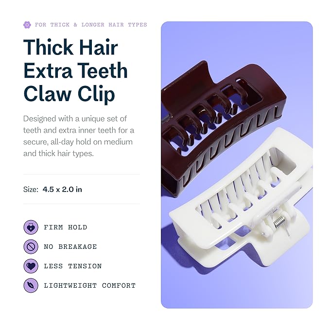 Gimme Beauty Thick Hair Extra Teeth Claw Clips - Double Layer Claws for Long & Curly Hair - Trendy Large, Non-Slip Accessories - Washable Design - Cream & Brown, 2 Pack