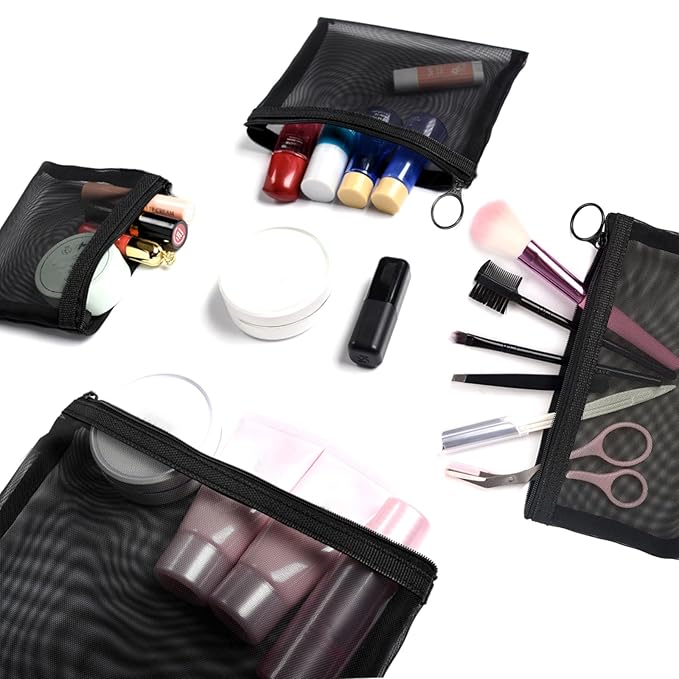 Patu Zipper Mesh Bags, Pack of 4 (S/M/L & Long Pouch), Beauty Makeup Cosmetic Accessories Organizer, Travel Toiletry Kit Set Storage Case, Black