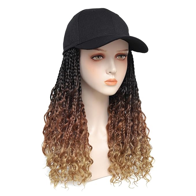 GUOJIAN Goddess Box Braids Baseball Cap Wig Bohemian Curly Ends Box Braiding Hat with Crochet Hair Extensions for Black White Women Synthetic Braids Hat Wig with Hair Attached (16inch, T1B/30/27)