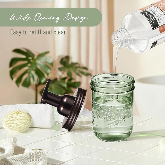 SheeChung Mason Jar Foaming Soap Dispenser, Stainless Steel Lid, BPA Free Pump, Green Glass Foam Hand Soap Dispenser, 16 Oz Refillable Liquid Foam Dispenser Bottle for Bathroom Kitchen-Bronze, 2 Pack