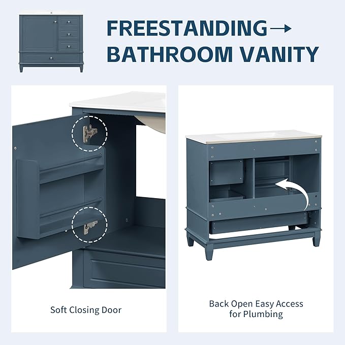 36" Bathroom Vanity with Sink, Harper & Bright Designs Free Standing Single Vanity Set with 3 Drawers and One Door with Storage Racks, Wooden Storage Cabinet with Ceramic Basin for Bathroom, Blue Grey