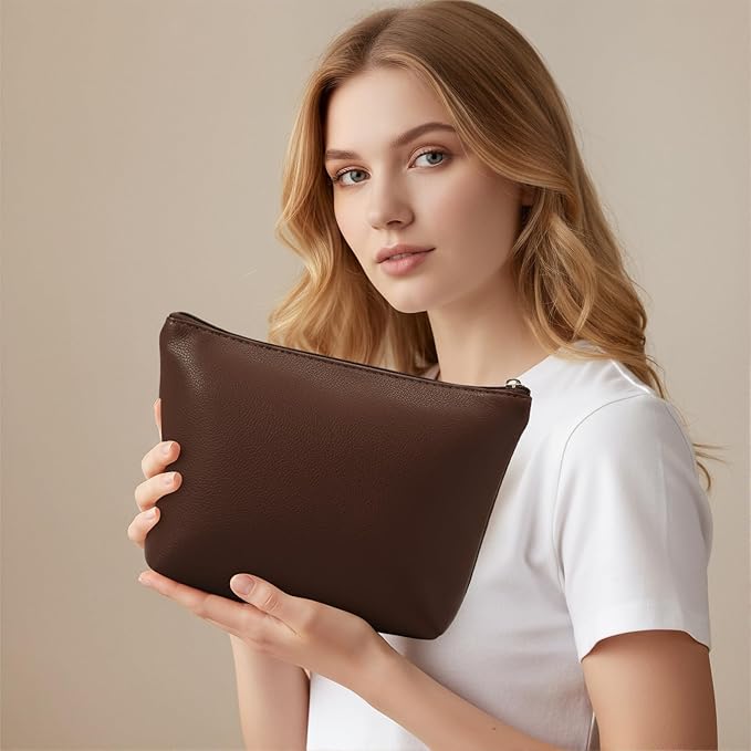 Kigeli PU Leather Makeup Bag for Women Gift Cosmetic Pouch for Purse Waterproof with PU Leather Travel Toiletry Organizer with Zipper for Women Bridesmaid Friend Gift(Coffee)