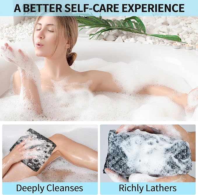 Exfoliating Washcloth Shower Towels, Premium Japanese Exfoliating Body Scrubber, Upgraded Loofah Sponge Rich in Silver Ion and Carbon Fiber, Face & Body Scrub Exfoliator with 2 Levels, Longer
