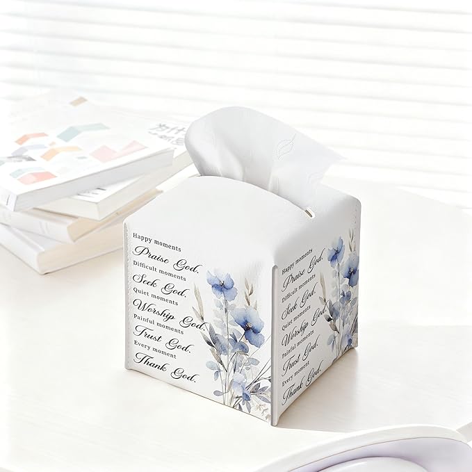 Bible Verses Christian Tissue Box Cover Square, Happy Moment Praise God Waterproof Leather Tissue Box Holder, Blue Flower Paper Facial Tissue Box Covers Cube for Office Home Prayer Room Decor
