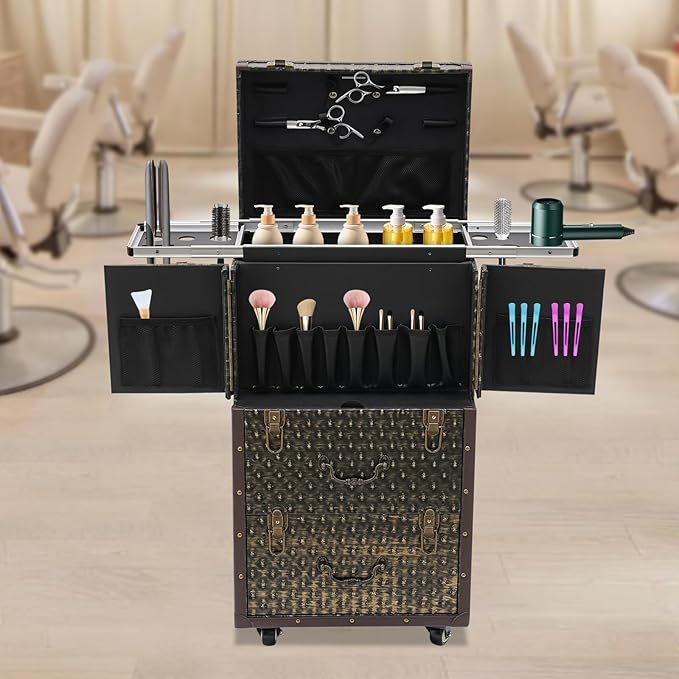 Rolling Makeup Case Large Storage Cosmetic Trolley, Rolling Lockable Makeup Train Case, Stylist Beauty Salon Cosmetic Luggage Travel Organizer Tool Box with Hair Dryer Holder (Brown+Bronze)