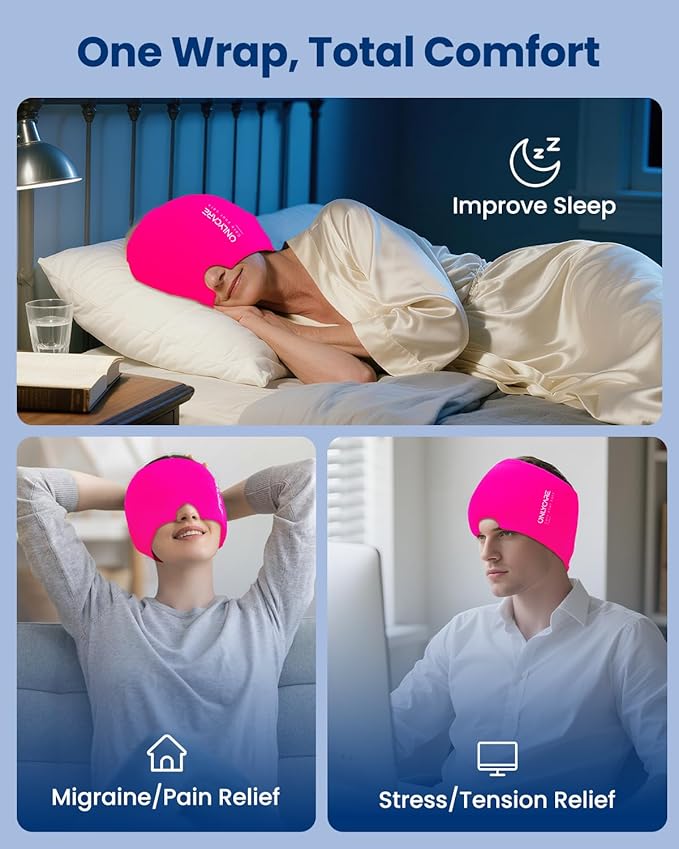 Migraine Relief Cap, ONLYCARE Headache Relief Cap, Soothing Migraine Mask, Odorless Gel Ice Head Wrap, Hot & Cold Therapy, Reusable Ice Pack for Tension and Stress (ROS Red)