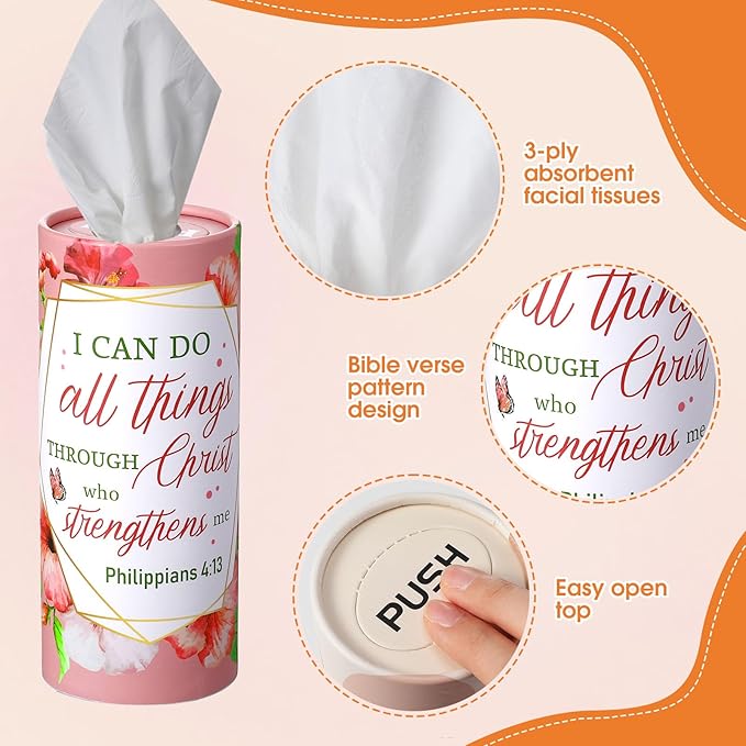 Outus 12 Pack Car Tissue Holder Cylinder, Decorative Round Tissue Box for Car Cup Holder, Refillable Facial Tissues with Floral Bible Verse Design for Home Office Travel