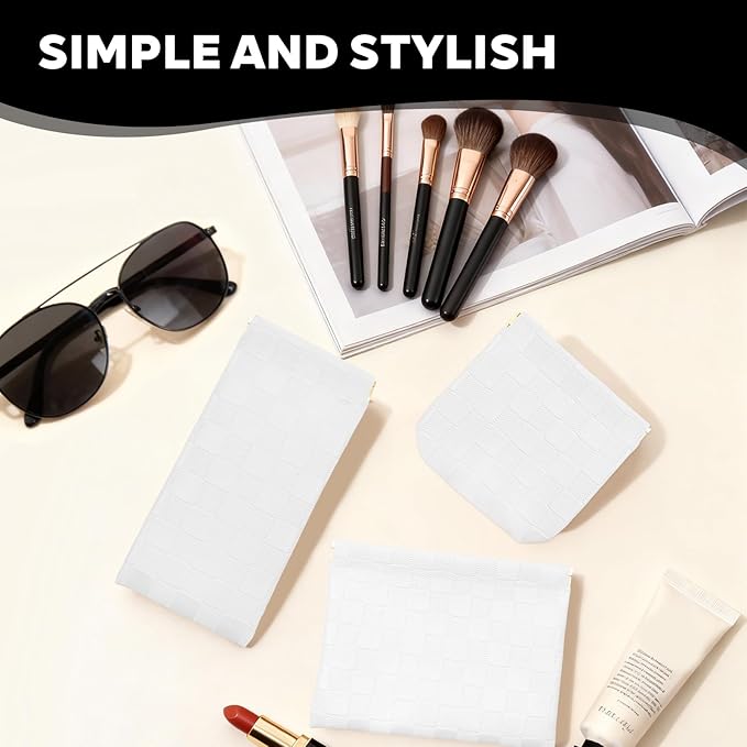 3PCS Small Makeup Bag for Women, Mini Cosmetic Bags Leather Pocket Pouch Purse,Snap Closure Waterproof Portable Bag,Checkered Storage Travel Bag for Lipstick Change Glasses Coin Cards (White)