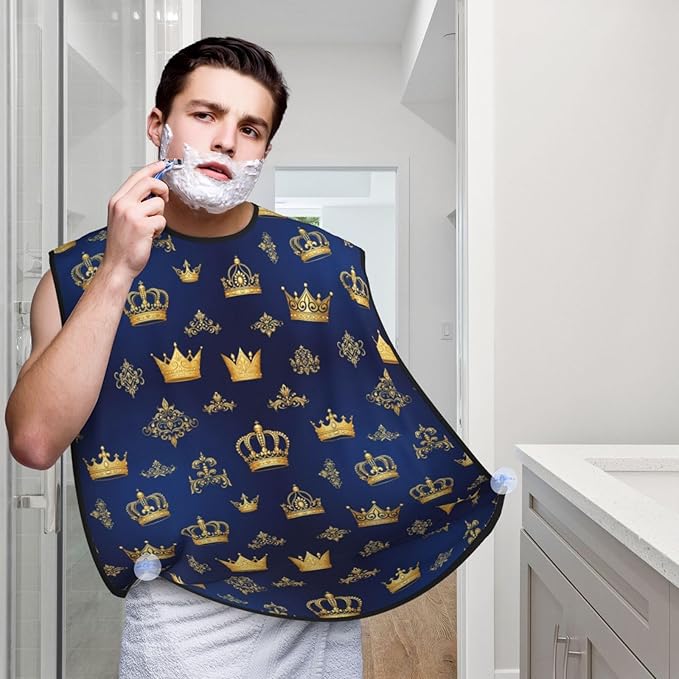 Adjustable Beard Bib, Non-Stick Hair Catcher Cape for Men's Shaving, Waterproof with 2 Suction Cups, Purple Blue Gold Royal Crown Shave Bib