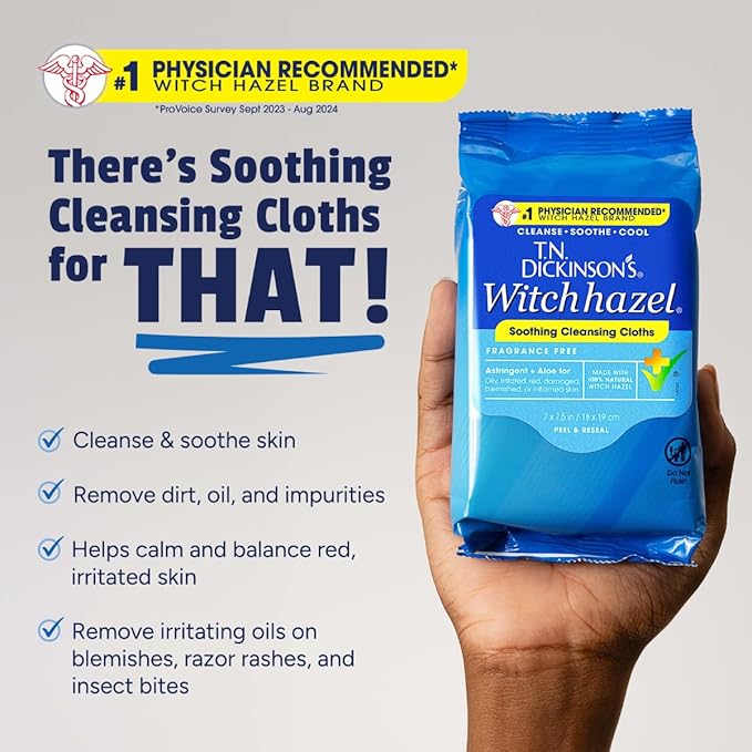 T.N. Dickinson's Witch Hazel Soothing Cleansing Cloths | Removes Dirt, Oil, Impurities | For Oily, Irritated, Red, Damaged, Blemished, Sensitive Skin | 25 Total Wipes