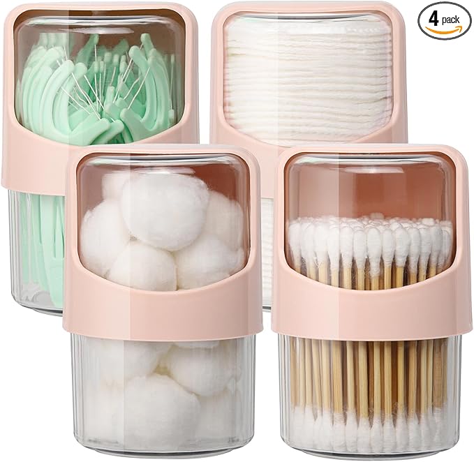 Tbestmax 4 Pack Rotating Qtip Holder Dispenser for Cotton Swabs, Makeup & Hair Accessories, Vanity Organizer with Canisters for Floss Picks, Cotton Balls, Bathroom Essentials Accessories Decor,Pink