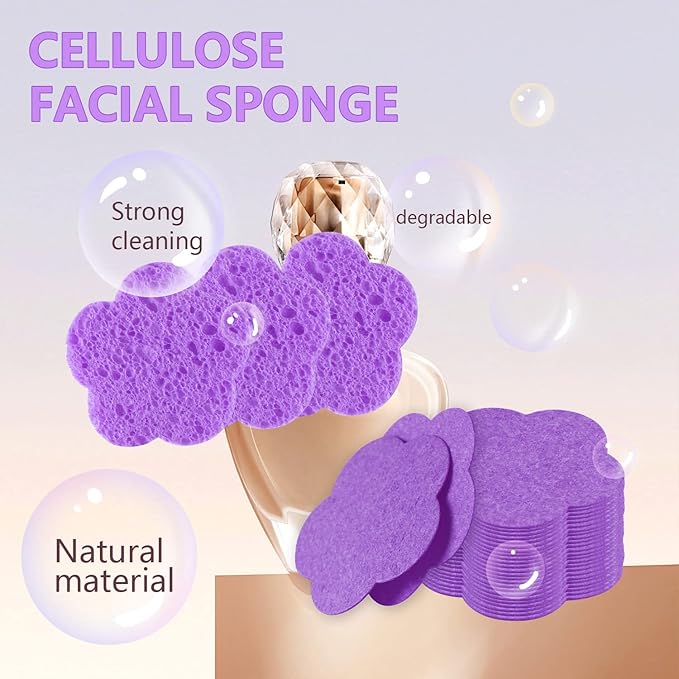 100-Count Facial Sponges Compressed Facial Sponges Natural Facial Cleansing Sponges Pads Cute Flower Shape Exfoliating Sponges for Cleansing Reusable,Best Makeup Gift, Purple