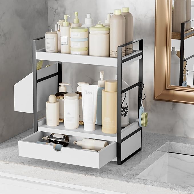 Kottwca Bathroom Counter Organizer with Drawer, 2-Tier Wood Countertop Organizer for Storage, Vanity Skincare Organizers, Bathroom Sink Shelf for Organization(White)